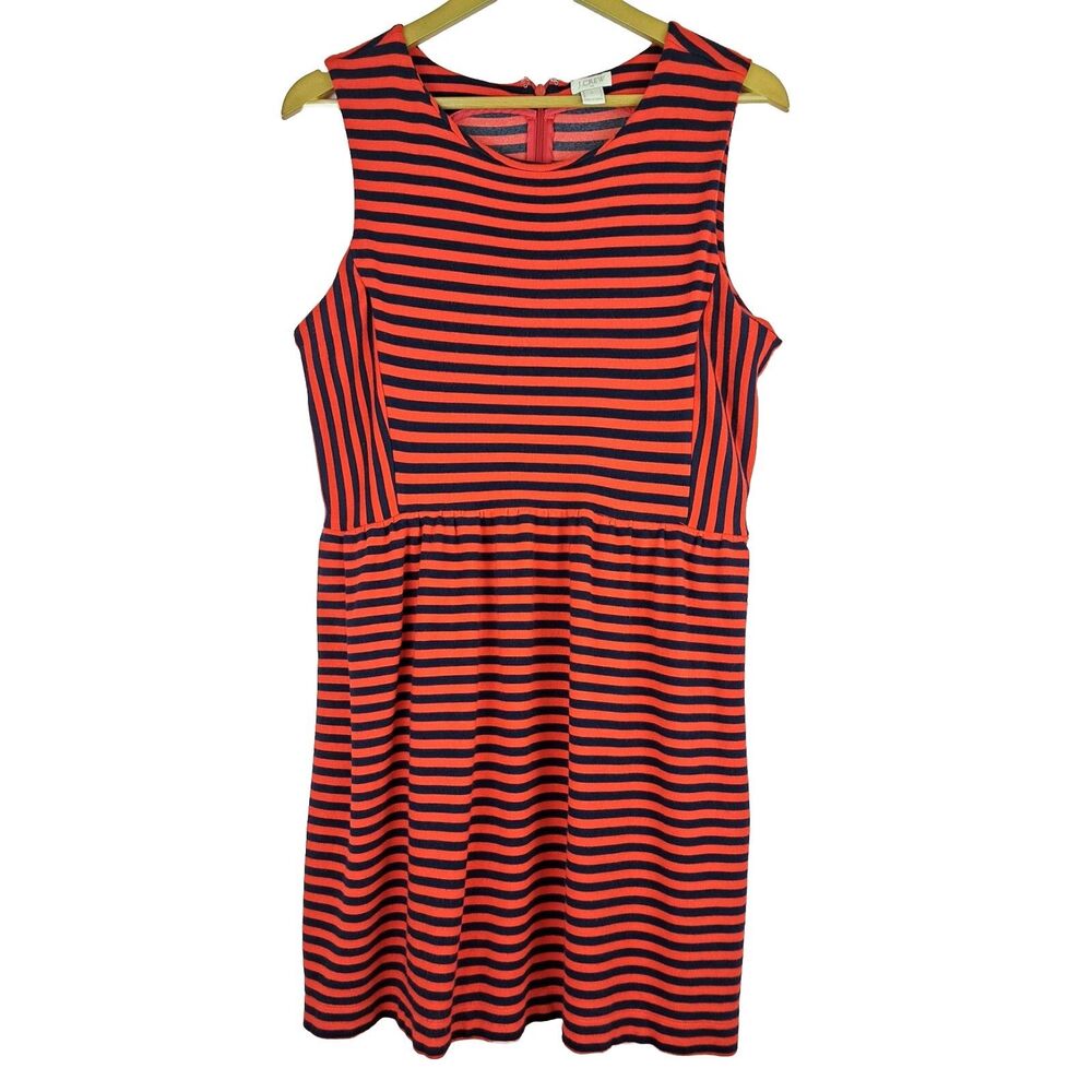 J.CREW Size L Scoop Neck Sleeveless Striped Dress Red Navy Blue W/Pockets Zip
